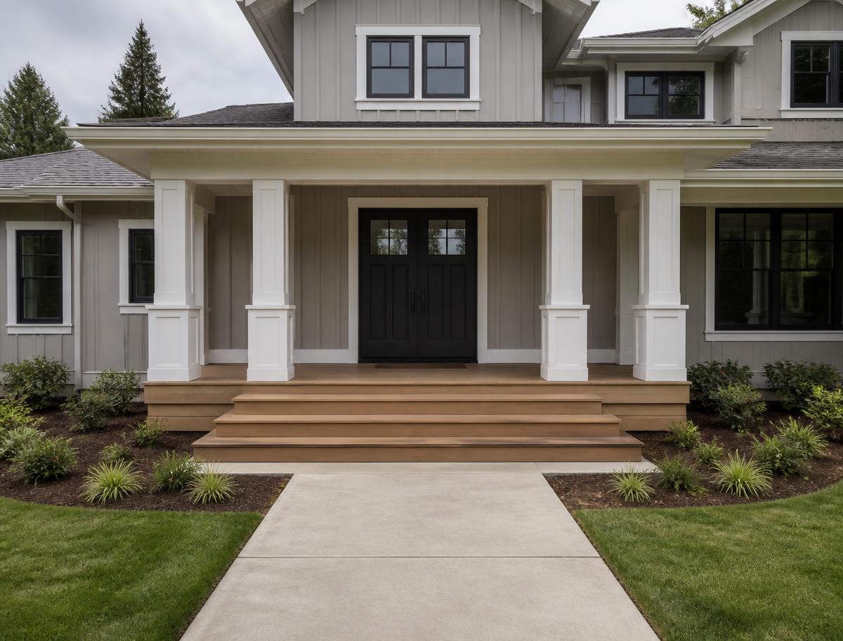 An undecorated craftsman porch before styling