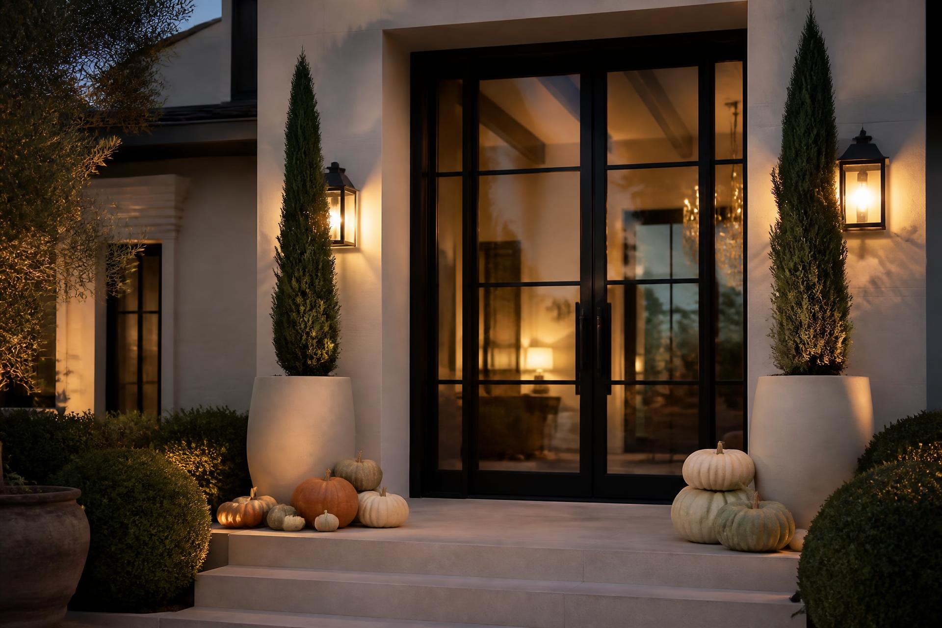 A luxury California home entrance styled with heirloom pumpkins at dusk